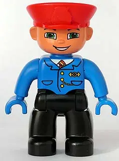 47394PB046:  Duplo Figure Lego Ville, Male Train Conductor, Black Legs, Blue Jacket with Tie, Blue Hands, Red Hat, Smile with Teeth