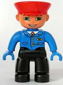 Minifigurka: 47394PB046:  Duplo Figure Lego Ville, Male Train Conductor, Black Legs, Blue Jacket with Tie, Blue Hands, Red Hat, Smile with Teeth
