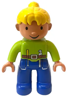 47394PB047:  Duplo Figure Lego Ville, Female, Wendy, Blue Legs, Lime Top with Belt, Screwdriver, and Wrench, Yellow Ponytail Hair (4542236)