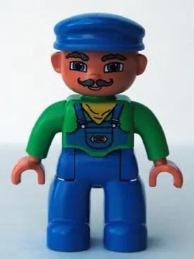 47394PB048:  Duplo Figure Lego Ville, Male, Blue Legs, Green Top with Yellow Scarf, Blue Cap, Curly Moustache (Train Engineer)