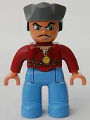 Minifigurka: 47394PB050:  Duplo Figure Lego Ville, Male Pirate, Medium Blue Legs, Dark Red Top, Dark Bluish Gray Pirate Hat, Blue Eyes