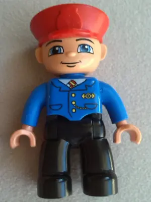47394PB051:  Duplo Figure Lego Ville, Male Train Conductor, Red Hat, Smile with Closed Mouth, Blue Jacket with Yellow and Red Tie, Black Legs
