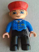 Minifigurka: 47394PB051:  Duplo Figure Lego Ville, Male Train Conductor, Red Hat, Smile with Closed Mouth, Blue Jacket with Yellow and Red Tie, Black Legs