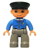 Minifigurka: 47394PB052:  Duplo Figure Lego Ville, Male Post Office, Dark Bluish Gray Legs, Blue Jacket with Mail Horn, Black Police Hat