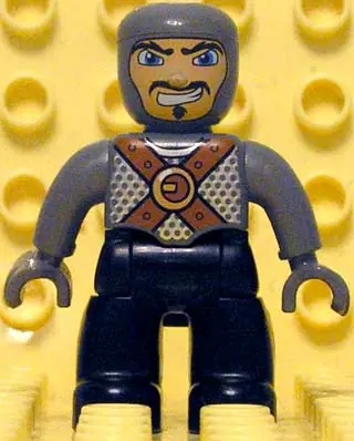 47394PB054:  Duplo Figure Lego Ville, Male Castle, Black Legs, Dark Bluish Gray Chest with Brown Belts, Dark Bluish Gray  Arms, Dark Bluish Gray Hands
