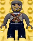 Minifigurka: 47394PB054:  Duplo Figure Lego Ville, Male Castle, Black Legs, Dark Bluish Gray Chest with Brown Belts, Dark Bluish Gray  Arms, Dark Bluish Gray Hands