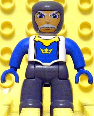 47394PB055:  Duplo Figure Lego Ville, Male Castle, Dark Bluish Gray Legs, White Chest, Blue Arms, Blue Hands
