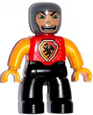 47394PB056:  Duplo Figure Lego Ville, Male Castle, Black Legs, Red Chest with Dragon Shield, Bright Light Orange Arms and Hands, Stubble and Open Mouth