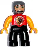 Minifigurka: 47394PB056:  Duplo Figure Lego Ville, Male Castle, Black Legs, Red Chest with Dragon Shield, Bright Light Orange Arms and Hands, Stubble and Open Mouth