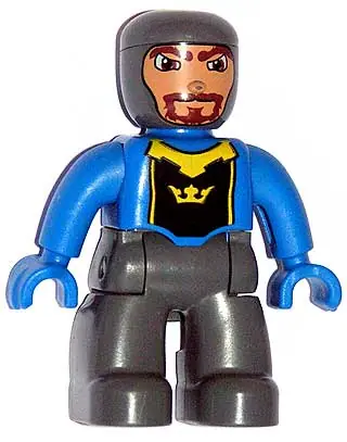 47394PB057:  Duplo Figure Lego Ville, Male Castle, Dark Bluish Gray Legs, Blue Chest, Blue Arms, Blue Hands
