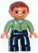 Minifigurka: 47394PB058:  Duplo Figure Lego Ville, Male, Dark Blue Legs, Sand Green Top with Buttons, Reddish Brown Hair, Blue Eyes