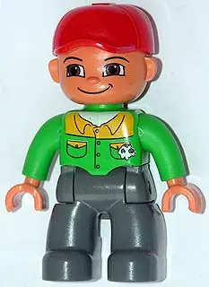47394PB059:  Duplo Figure Lego Ville, Male, Dark Bluish Gray Legs, Bright Green Button Down Shirt, Red Cap, Brown Eyes, Closed Mouth Smile (Mechanic)