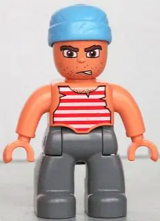 47394PB060:  Duplo Figure Lego Ville, Male Pirate, Dark Bluish Gray Legs, Red and White White Striped Top, Medium Blue Cloth Wrap (Pirate)