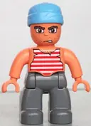 Minifigurka: 47394PB060:  Duplo Figure Lego Ville, Male Pirate, Dark Bluish Gray Legs, Red and White White Striped Top, Medium Blue Cloth Wrap (Pirate)
