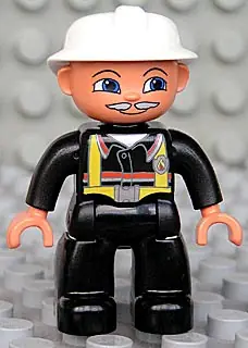 47394PB061:  Duplo Figure Lego Ville, Male Fireman, Black Legs, Nougat Hands, White Helmet, Light Gray Moustache