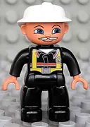 Minifigurka: 47394PB061:  Duplo Figure Lego Ville, Male Fireman, Black Legs, Nougat Hands, White Helmet, Light Gray Moustache