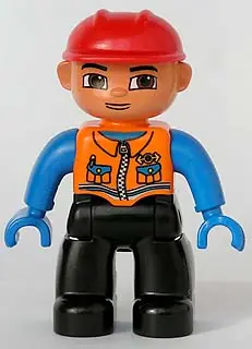 47394PB063:  Duplo Figure Lego Ville, Male, Black Legs, Orange Vest with Two Pockets and Pen, Blue Hands, Red Construction Helmet (Train Engineer)