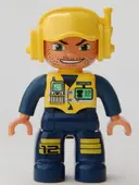 Minifigurka: 47394PB069:  Duplo Figure Lego Ville, Male, Dark Blue Legs & Jumpsuit with Yellow Vest, Radio, ID Badge, Yellow Cap with Headset, Wide Smile