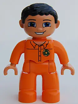 47394PB073:  Duplo Figure Lego Ville, Male, Orange Legs, Nougat Hands, Orange Top with Recycle Logo, Black Hair, Blue Eyes