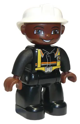 47394PB076:  Duplo Figure Lego Ville, Male Fireman, Black Legs, Brown Hands, White Helmet, Brown Face