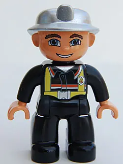 47394PB077:  Duplo Figure Lego Ville, Male Fireman, Black Legs, Nougat Hands, Silver Helmet, Blue Eyes (4558027)