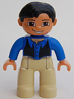 47394PB078:  Duplo Figure Lego Ville, Male, Tan Legs, Blue Top, Black Vest, Black Hair