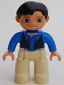 Minifigurka: 47394PB078:  Duplo Figure Lego Ville, Male, Tan Legs, Blue Top, Black Vest, Black Hair