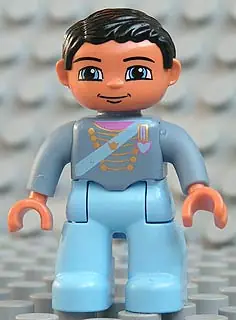 47394PB079:  Duplo Figure Lego Ville, Male, Light Blue Legs, Sand Blue Top with Strap, Gold Crown and Medium Blue Heart, Black Hair (4273721)