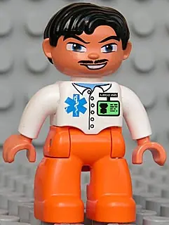 47394PB080:  Duplo Figure Lego Ville, Male Medic, Orange Legs, White Top with ID Badge and EMT Star of Life Pattern, Black Hair, Blue Eyes, Moustache