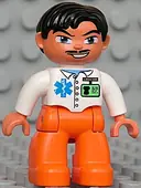 Minifigurka: 47394PB080:  Duplo Figure Lego Ville, Male Medic, Orange Legs, White Top with ID Badge and EMT Star of Life Pattern, Black Hair, Blue Eyes, Moustache