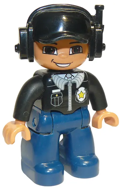 47394PB081:  Duplo Figure Lego Ville, Male Police, Black Cap with Headset, Light Nougat Head and Hands, Black Shirt with Badge, Dark Blue Legs