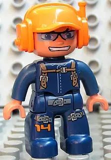 47394PB082:  Duplo Figure Lego Ville, Male, Dark Blue Legs & Jumpsuit with Straps, Orange Cap with Headset