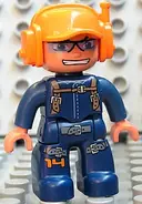 Minifigurka: 47394PB082:  Duplo Figure Lego Ville, Male, Dark Blue Legs & Jumpsuit with Straps, Orange Cap with Headset