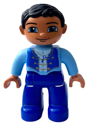 47394PB085A:  Duplo Figure Lego Ville, Male, Dark Royal Blue Legs, Bright Light Blue Top with Straps and Key Necklace, Nougat Hands, Black Hair