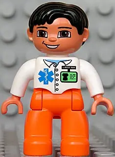 47394PB086:  Duplo Figure Lego Ville, Male Medic, Orange Legs, White Top with ID Badge and EMT Star of Life Pattern, Black Hair, Brown Eyes