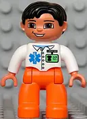 Minifigurka: 47394PB086:  Duplo Figure Lego Ville, Male Medic, Orange Legs, White Top with ID Badge and EMT Star of Life Pattern, Black Hair, Brown Eyes