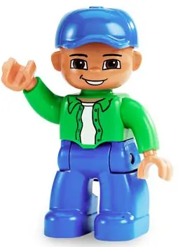 47394PB087:  Duplo Figure Lego Ville, Male, Blue Legs, Bright Green Top with White Undershirt, Blue Cap (4558055)