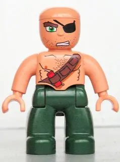 47394PB088:  Duplo Figure Lego Ville, Male Pirate, Dark Green Legs, Nougat Top with Strap and Dynamite, Bald Head, Eye Patch