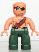 Minifigurka: 47394PB088:  Duplo Figure Lego Ville, Male Pirate, Dark Green Legs, Nougat Top with Strap and Dynamite, Bald Head, Eye Patch