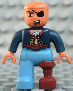 47394PB089:  Duplo Figure Lego Ville, Male Pirate, Medium Blue Legs, Dark Blue Top with Buttons, Bald Head, Eye Patch, Peg Leg