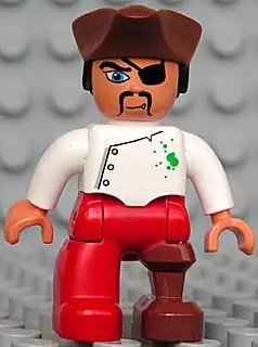 47394PB090:  Duplo Figure Lego Ville, Male Pirate, Red Legs, White Top with Buttons and Green Spots, Reddish Brown Pirate Hat, Eye Patch, Peg Leg