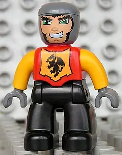 47394PB092:  Duplo Figure Lego Ville, Male Castle, Black Legs, Red Chest, Bright Light Orange Arms, Dark Bluish Gray Hands, Wide Grin