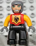 Minifigurka: 47394PB092:  Duplo Figure Lego Ville, Male Castle, Black Legs, Red Chest, Bright Light Orange Arms, Dark Bluish Gray Hands, Wide Grin