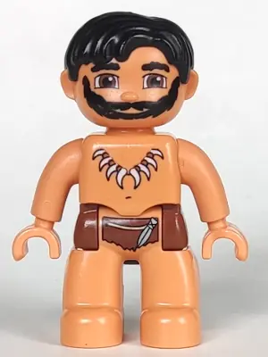 47394PB097:  Duplo Figure Lego Ville, Male, Nougat Legs, Reddish Brown Hips, Black Hair, Animal Tooth / Claw Necklace, Black Beard (Caveman)