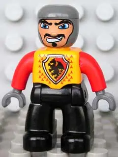 47394PB099:  Duplo Figure Lego Ville, Male Castle, Black Legs, Bright Light Orange Chest, Red Arms, Dark Bluish Gray Hands, Wide Crooked Grin (4265815)