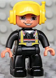 47394PB100:  Duplo Figure Lego Ville, Male Fireman, Black Legs, Nougat Hands, Yellow Cap with Headset