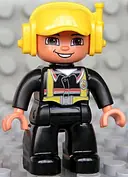 Minifigurka: 47394PB100:  Duplo Figure Lego Ville, Male Fireman, Black Legs, Nougat Hands, Yellow Cap with Headset