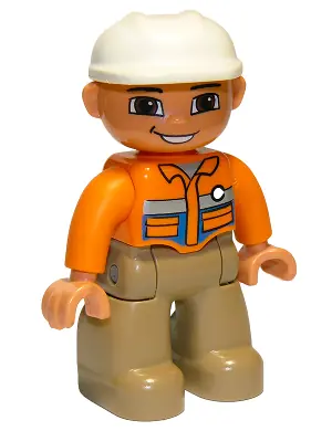 47394PB102:  Duplo Figure Lego Ville, Male, Dark Tan Legs, Orange Shirt, Brown Eyes, White Construction Helmet, White Button