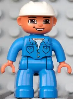 47394PB105:  Duplo Figure Lego Ville, Male, Blue Legs, Blue Top with Pockets, White Construction Helmet, Brown Eyes and Open Mouth Smile