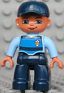 47394PB106:  Duplo Figure Lego Ville, Male, Dark Blue Legs, Light Blue Top with Life Jacket and Badge, Dark Blue Cap